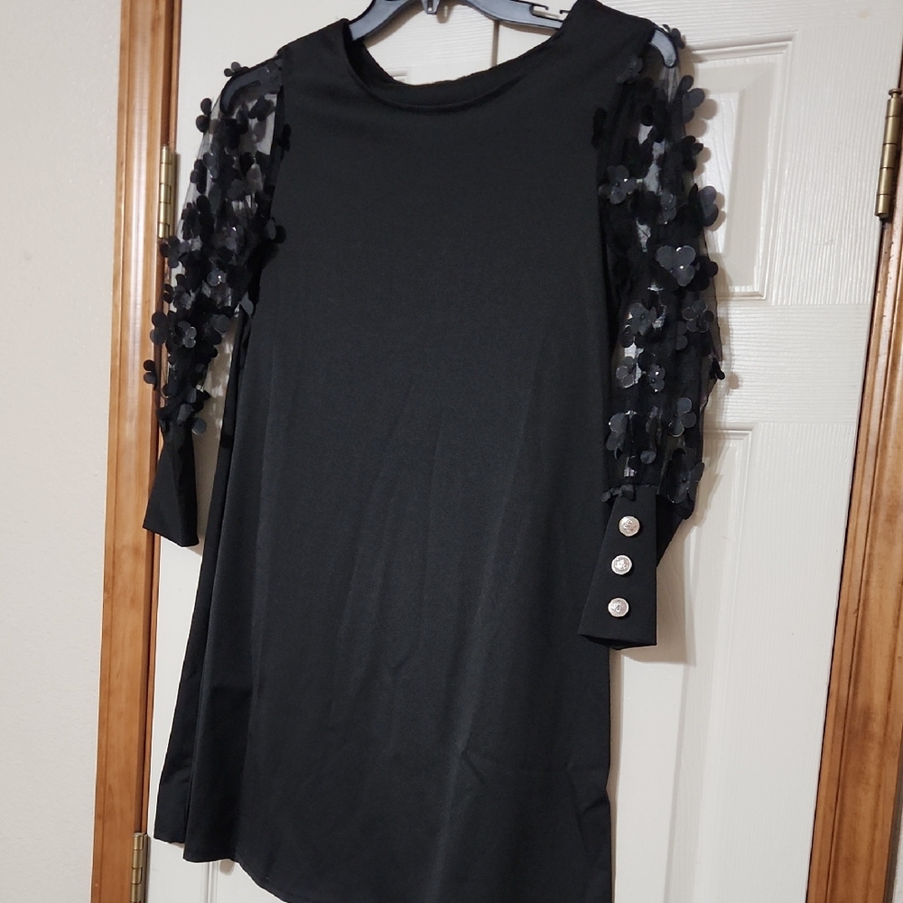 Chic Black Dress with Floral Embellished Sleeves